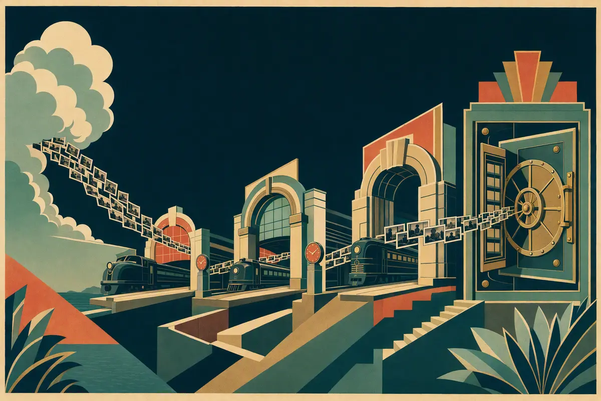 Art-deco route poster: photo frames travel from a cloud, through dated train stations, into a secure archive vault.